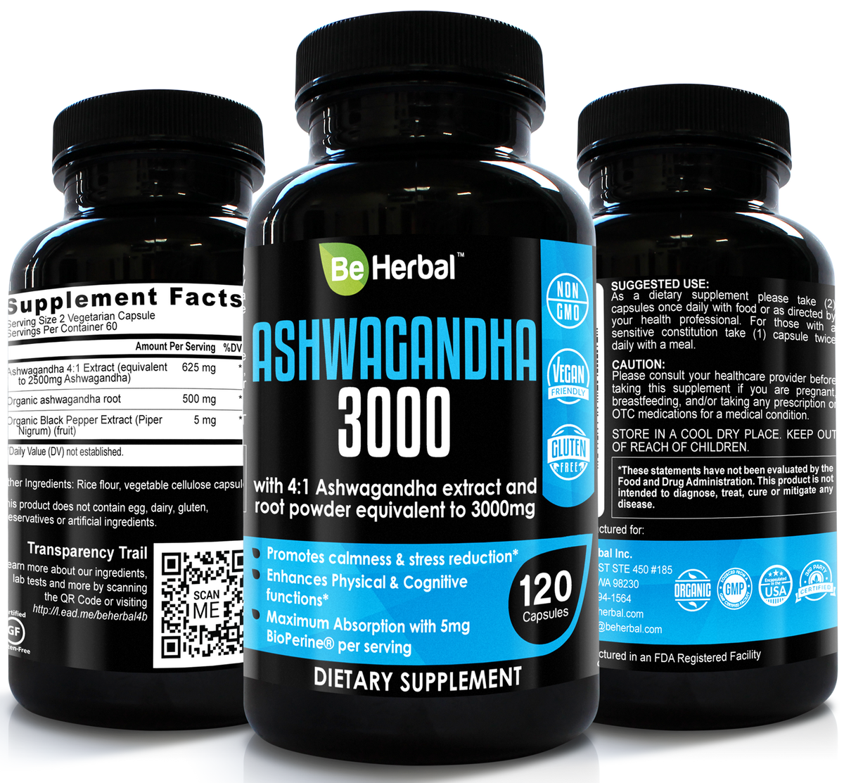Organic Ashwagandha Root Powder with Black Pepper - 3000 mg - 120 Veg Capsules