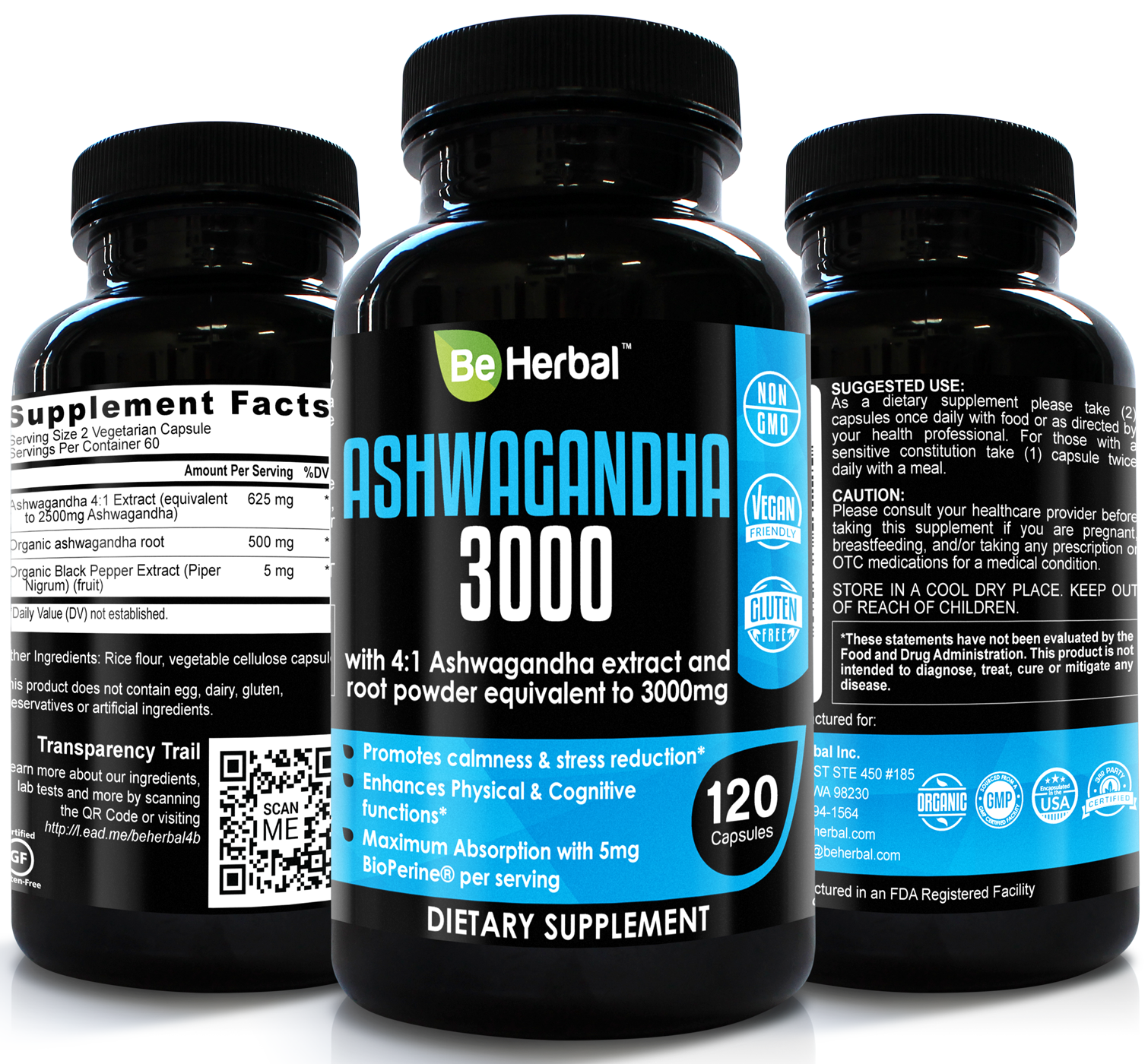 Organic Ashwagandha Root Powder with Black Pepper - 3000 mg - 120 Veg Capsules