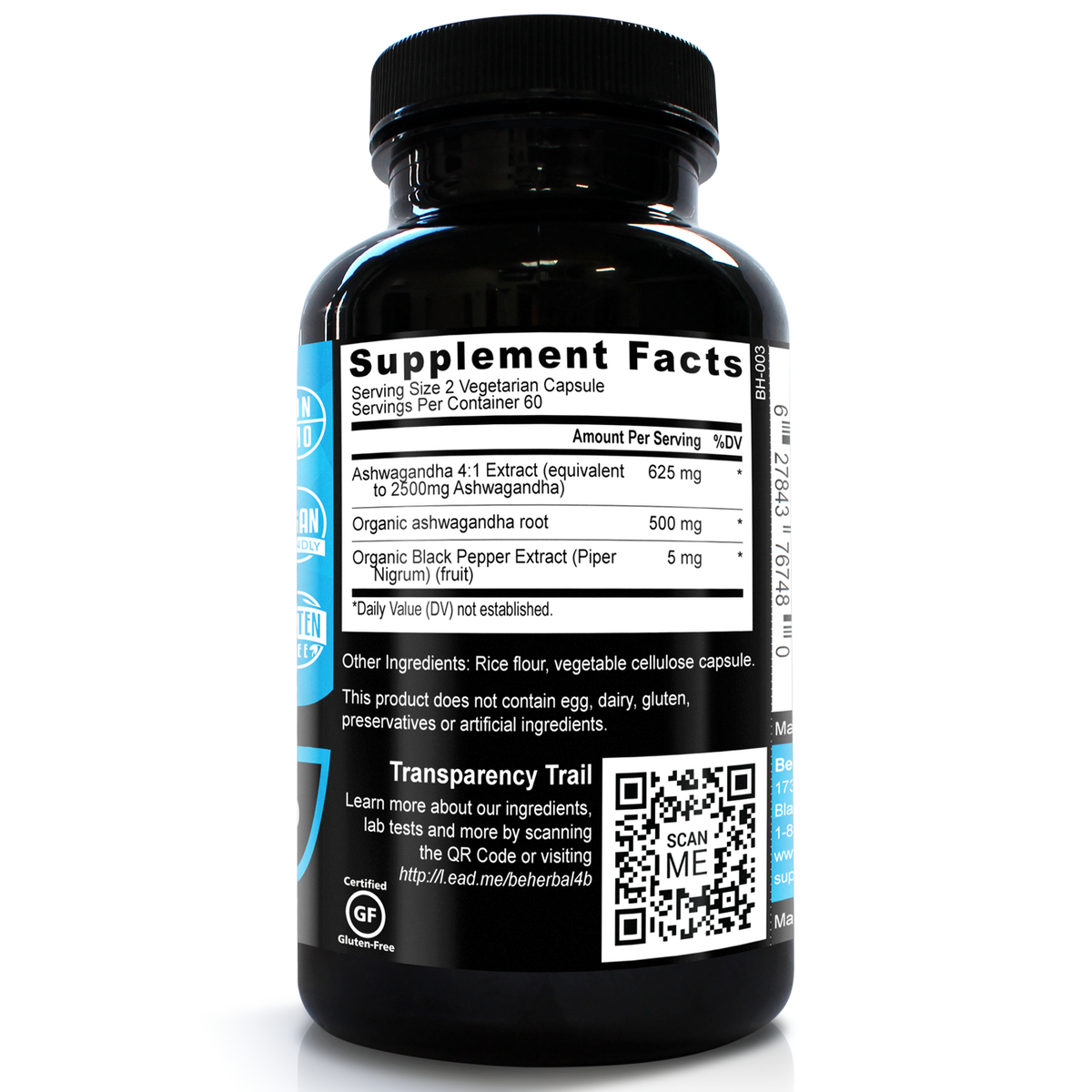 Organic Ashwagandha Root Powder with Black Pepper - 3000 mg - 120 Veg Capsules