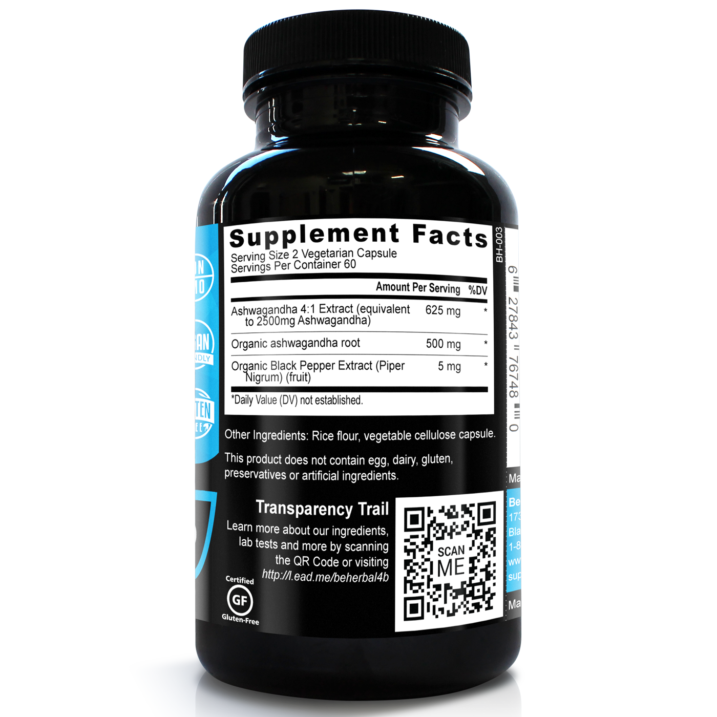 Organic Ashwagandha Root Powder with Black Pepper - 3000 mg - 120 Veg Capsules