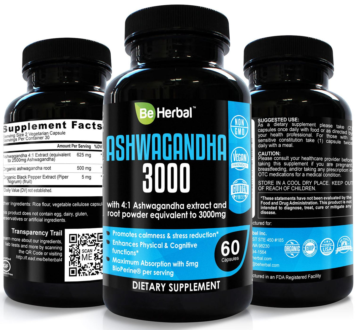 Premium Organic Ashwagandha Root Powder with Organic Black Pepper Extract 3000mg - 60 Veg Capsules Herbal Supplements Be Herbal