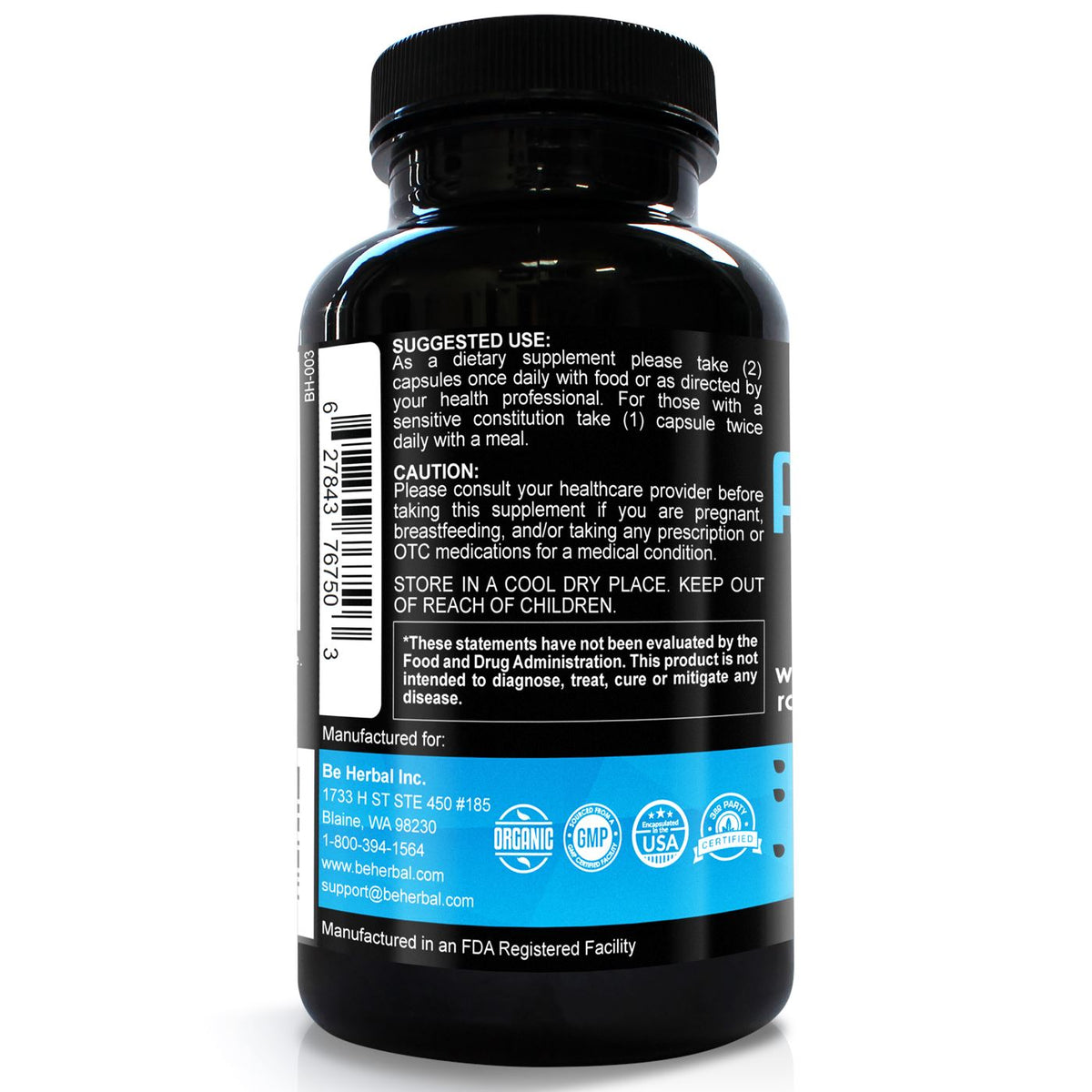 Premium Organic Ashwagandha Root Powder with Organic Black Pepper Extract 3000mg - 60 Veg Capsules Herbal Supplements Be Herbal