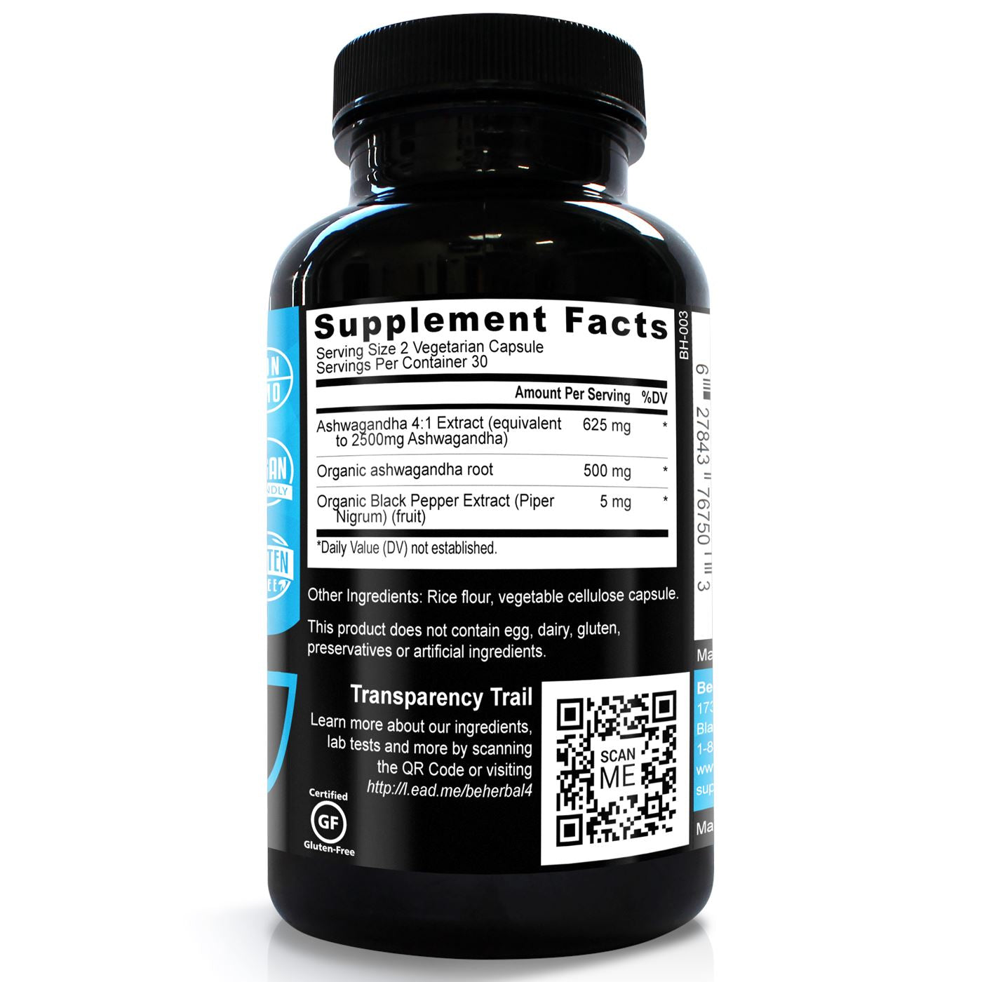 Premium Organic Ashwagandha Root Powder with Organic Black Pepper Extract 3000mg - 60 Veg Capsules Herbal Supplements Be Herbal