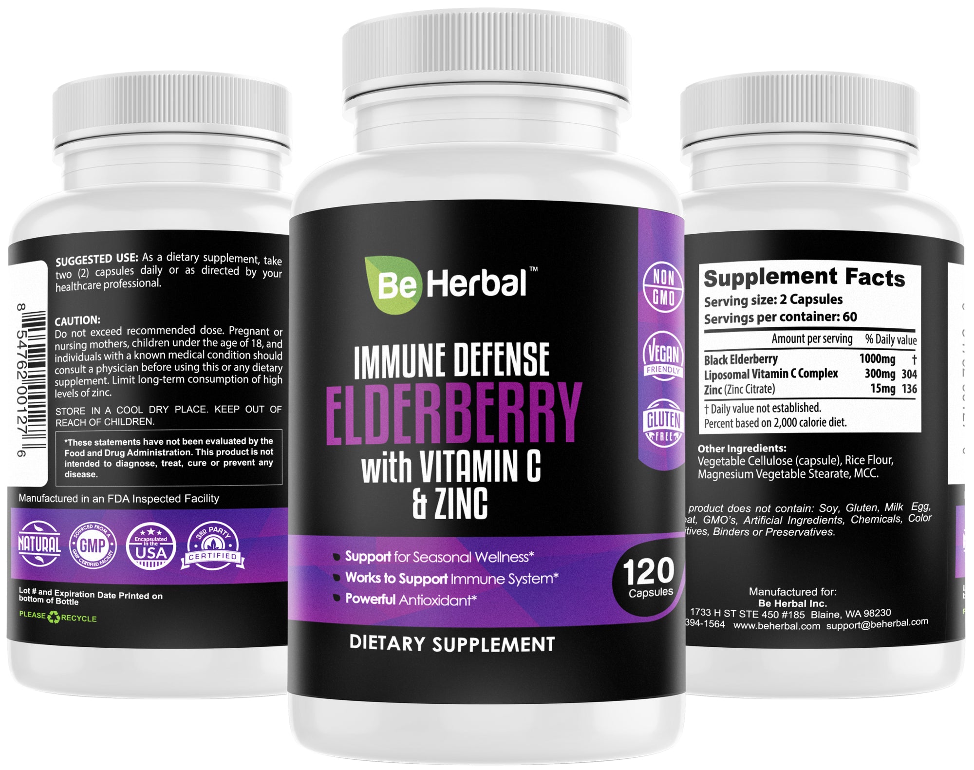 Elderberry Capsules with Zinc and  Liposomal Vitamin C - 120 Capsules