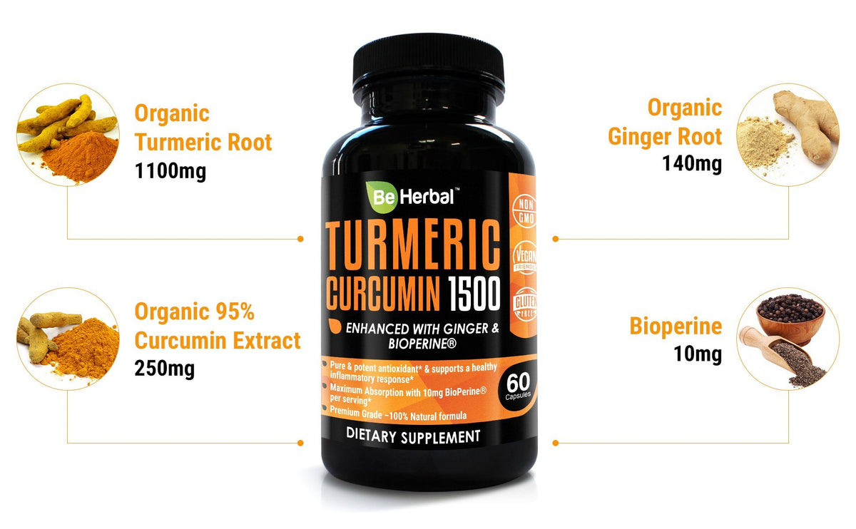 Premium Organic Turmeric Curcumin with BioPerine - 1500mg - 60 Veg Capsules Herbal Supplements Be Herbal