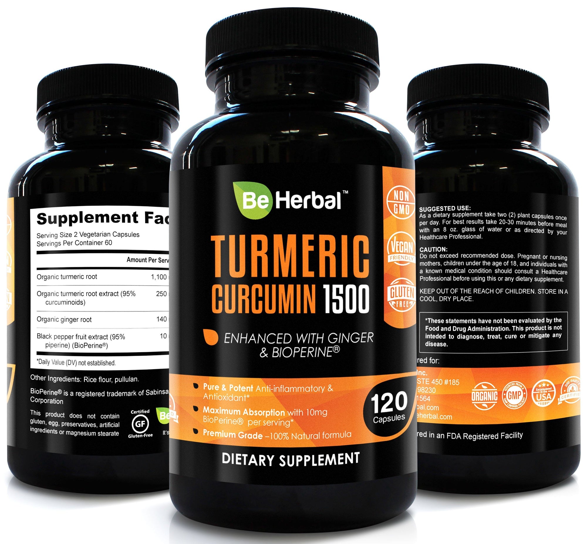 Premium Organic Turmeric Curcumin with BioPerine - 1500mg - 120 Veg Capsules Herbal Supplements Be Herbal