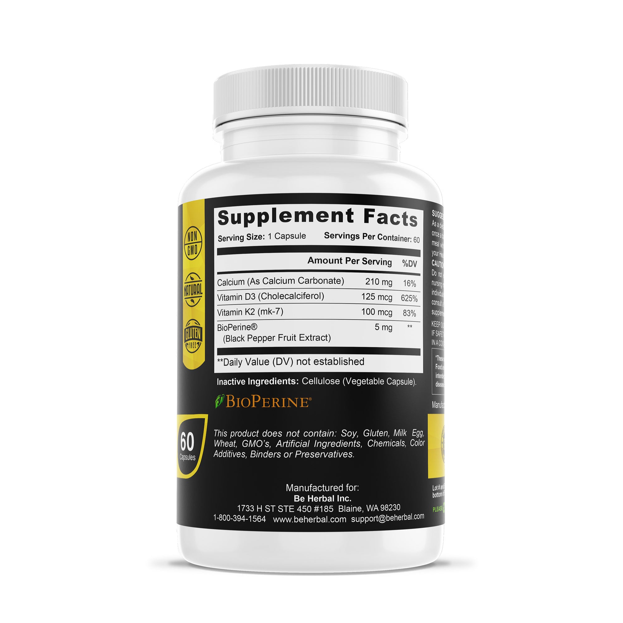 Vitamin K2 with D3 5000 IU - Enhanced with Calcium and BioPerine