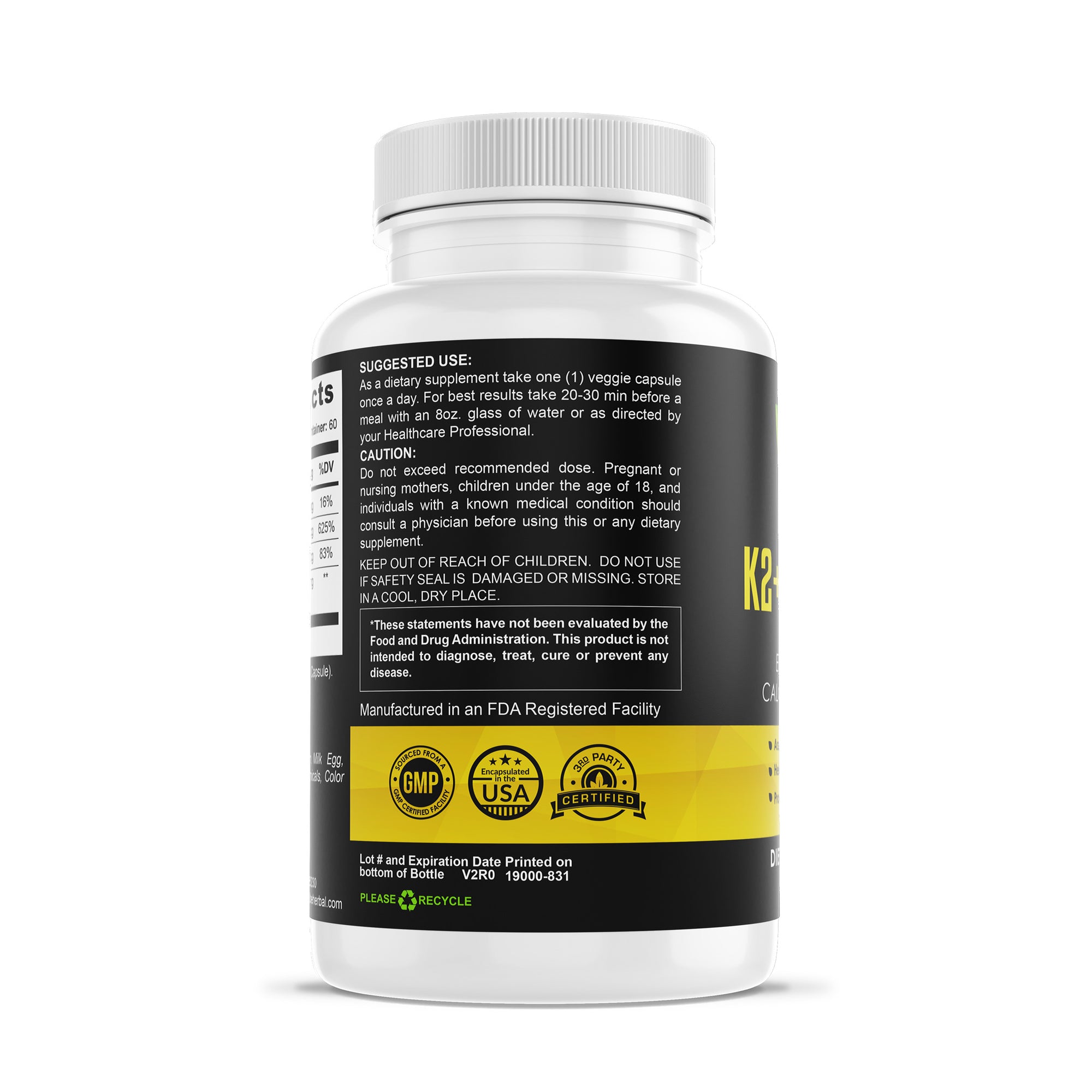 Vitamin K2 with D3 5000 IU - Enhanced with Calcium and BioPerine